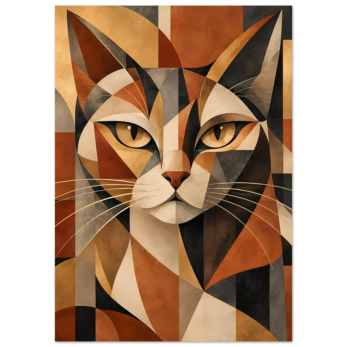 Poster im Hochformat mit geometrischer Katzenillustration in warmen Erdtönen