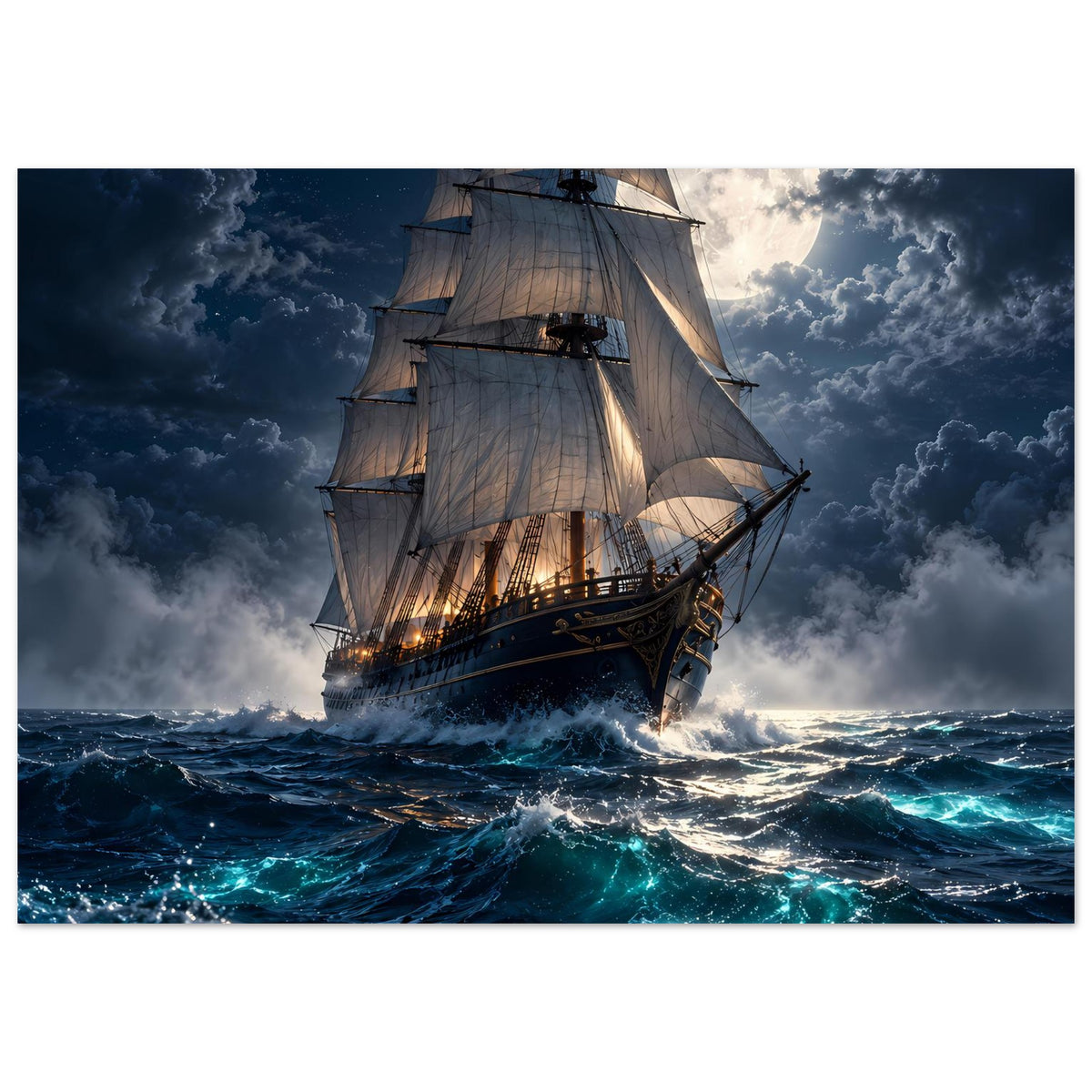 Poster im Querformat mit Segelschiff bei Vollmond über dunkler See mit türkis leuchtenden Wellen