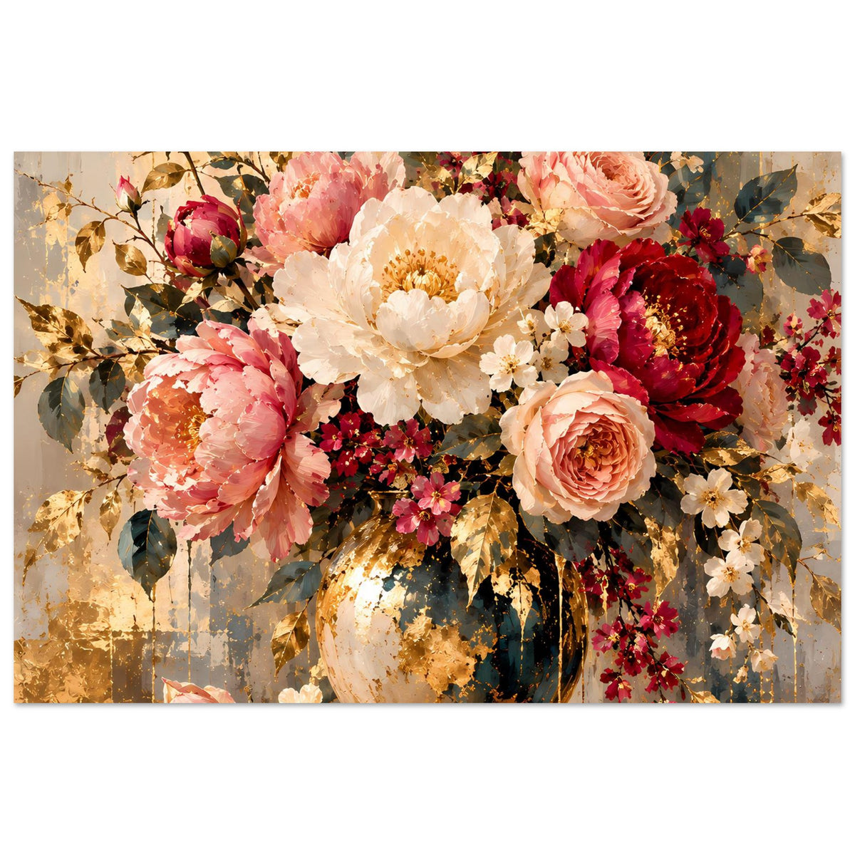 Blumenposter im Querformat: Rosen in Vase, rosafarbene, rote und helle Blüten mit Goldglanz