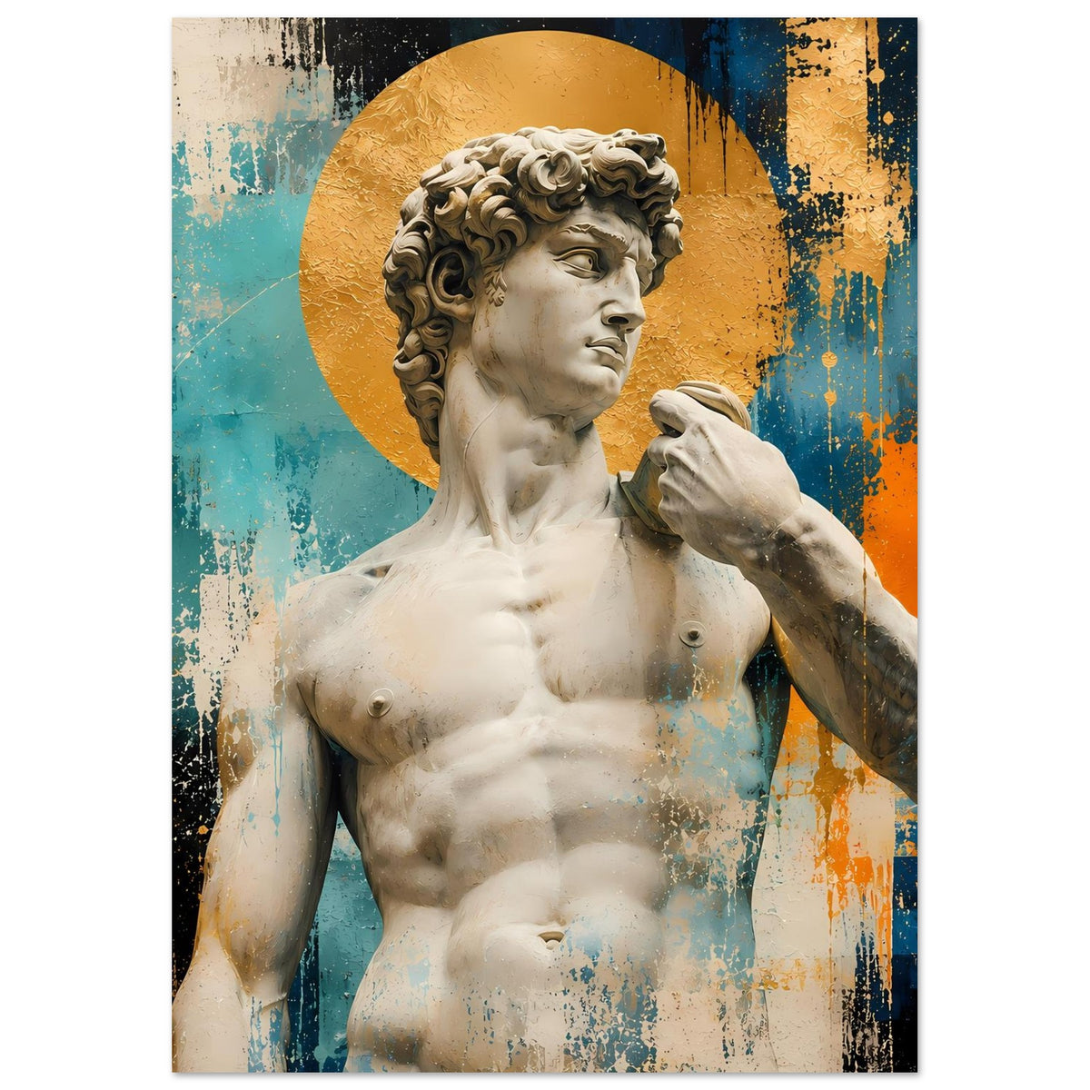 Poster im Hochformat: Michelangelos David als Marmorskulptur im goldenen Kreis