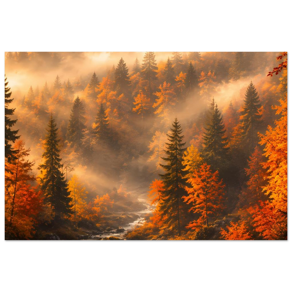 Herbstwald-Poster im Querformat: warme Herbstfarben, Tannen im Dunst, Bach mit Steinen
