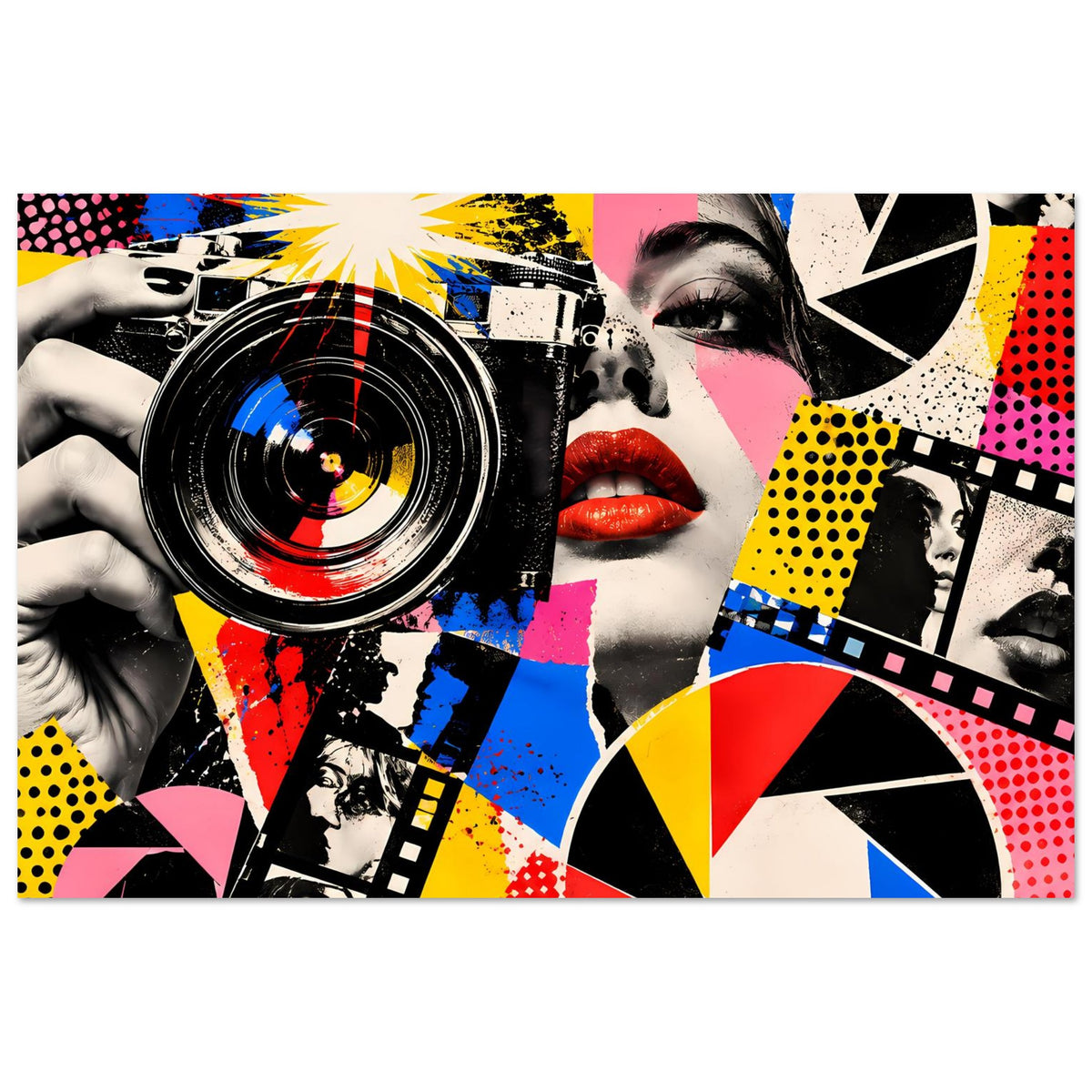 Pop-Art-Fotografie-Poster im Querformat mit Kamera-Linse, Lippen und geometrischem Hintergrund