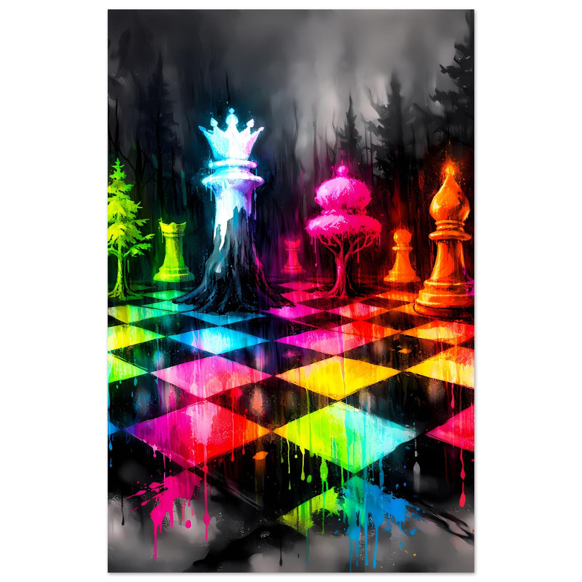 Neon-Schachspiel-Poster im Hochformat mit leuchtenden Figuren und bunten Spielfeld-Farben