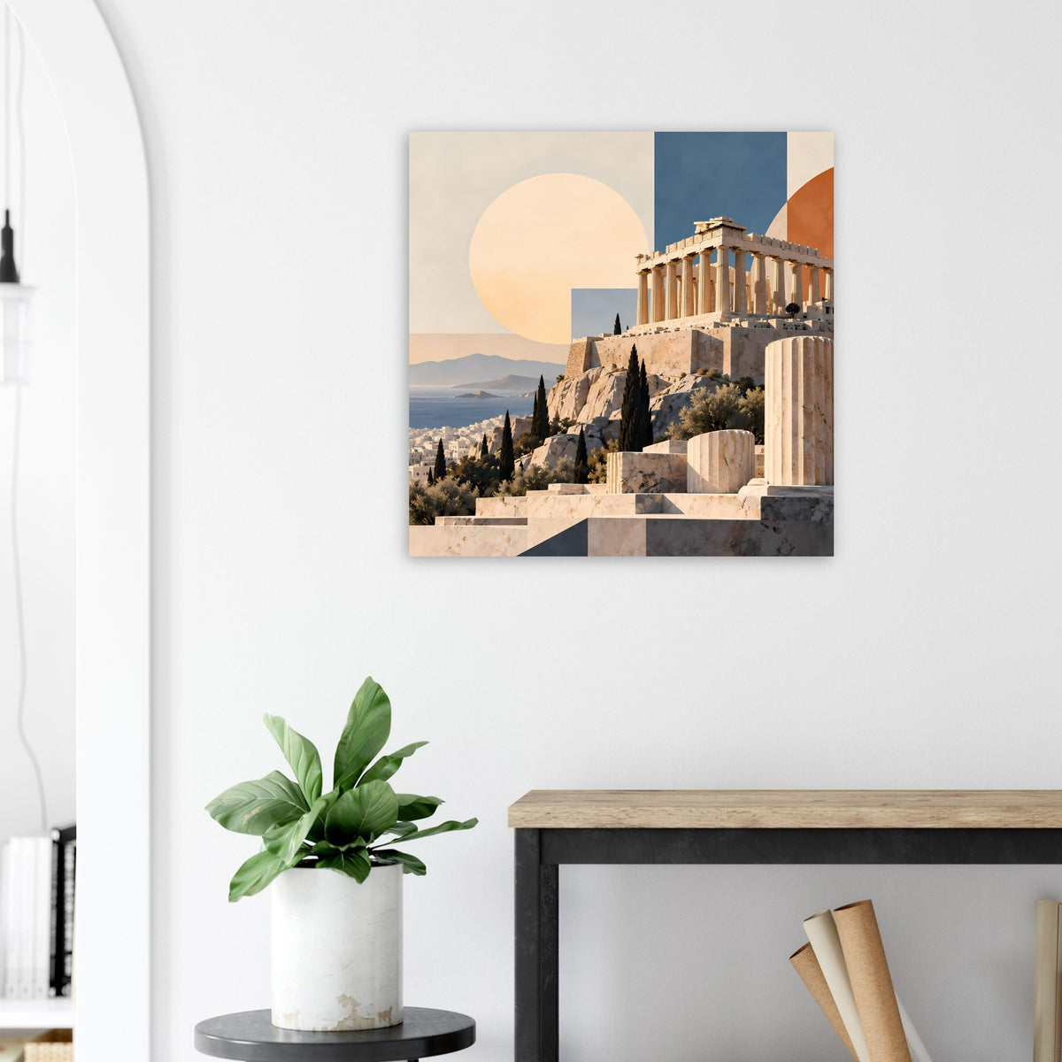 Quadratisches Wandposter mit Parthenon und Rundsonne in warmen Erdtönen