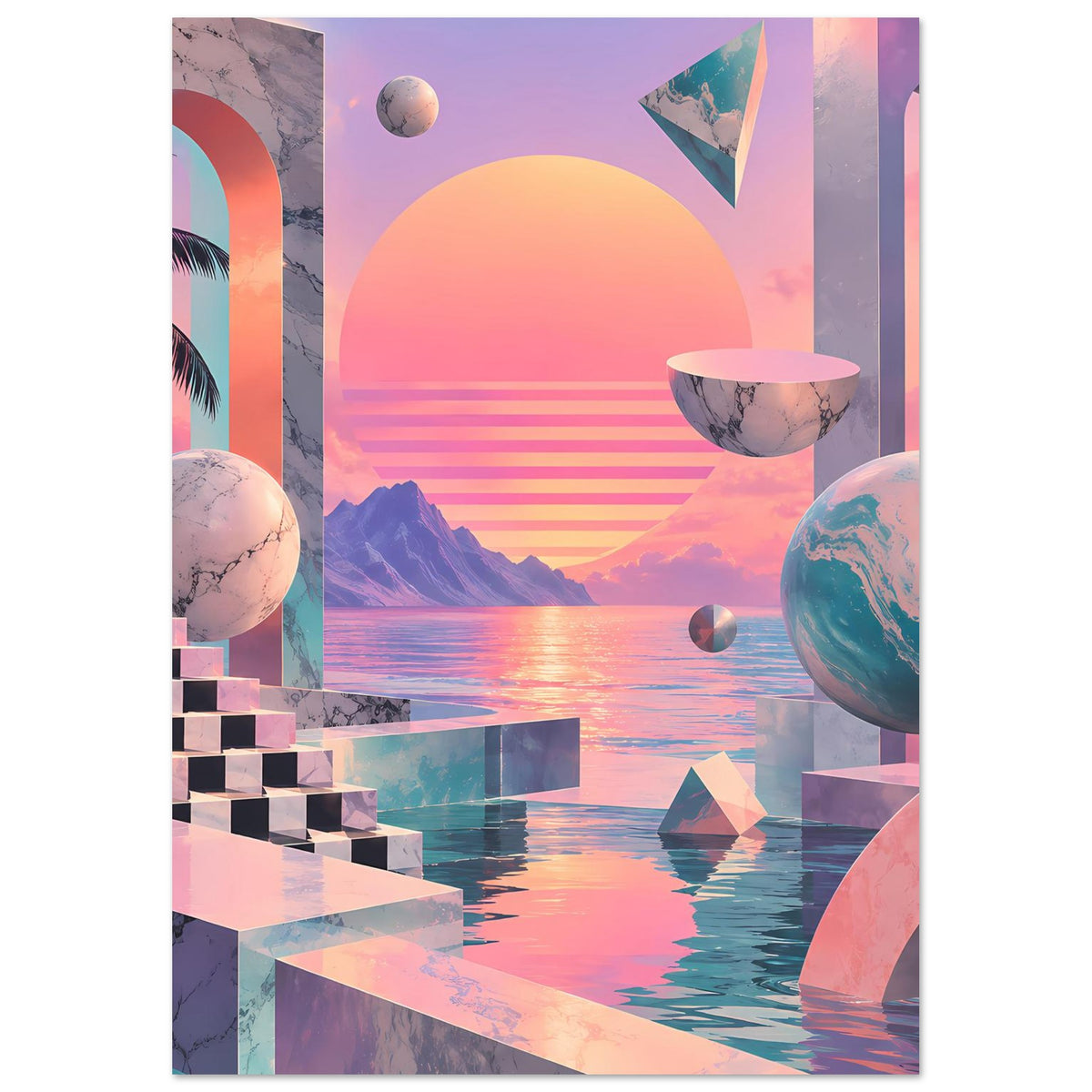 Poster mit Sonnenkreis am Horizont, Würfelstufen, Planetenkugel rechts und geometrischen Formen