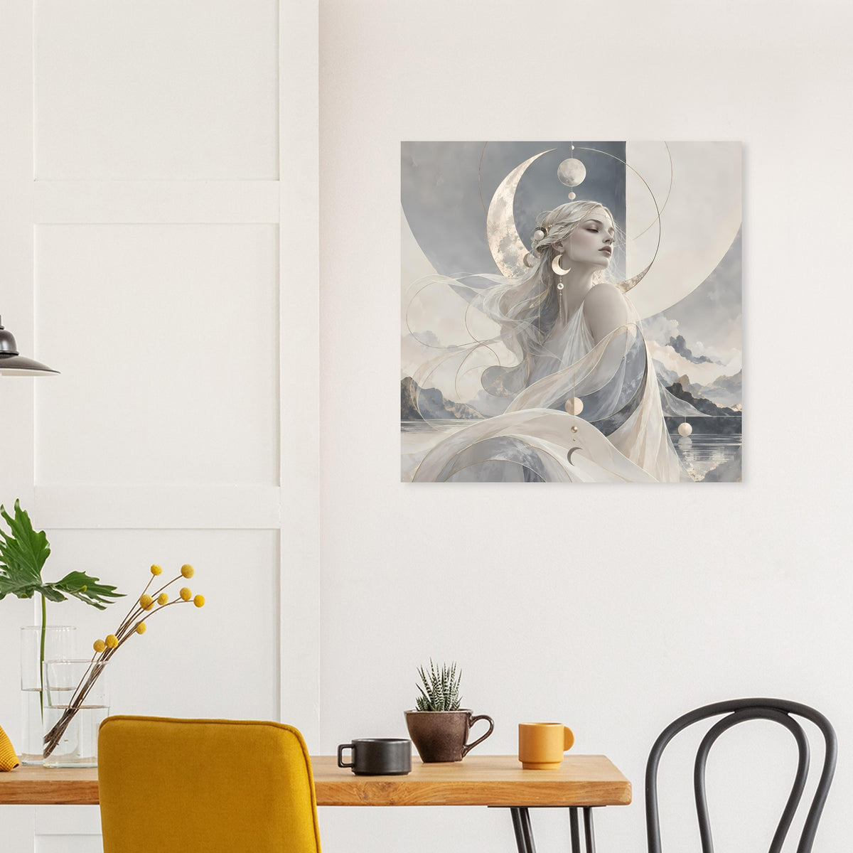 Wandposter mit Mondgöttin auf Wolken, Mondsichel und ruhige Wolkenmotive, hellgraue Töne