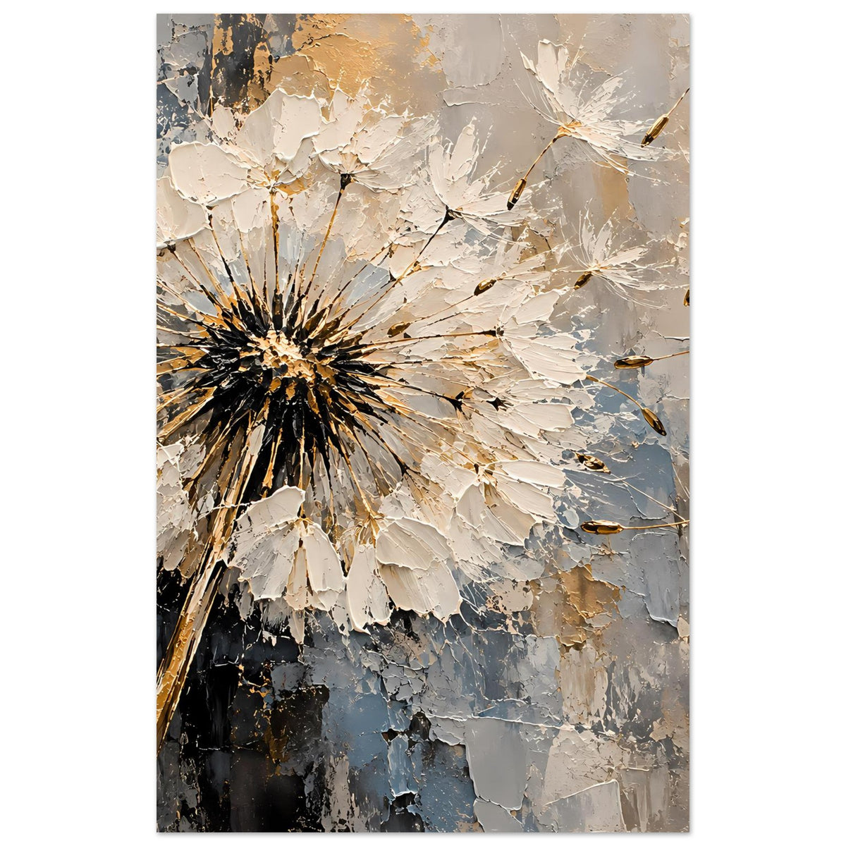 Vertikales Kunstposter mit Dandelion-Motiv: cremeweiße Blüte, goldene Sprenkel, Blau-Grau