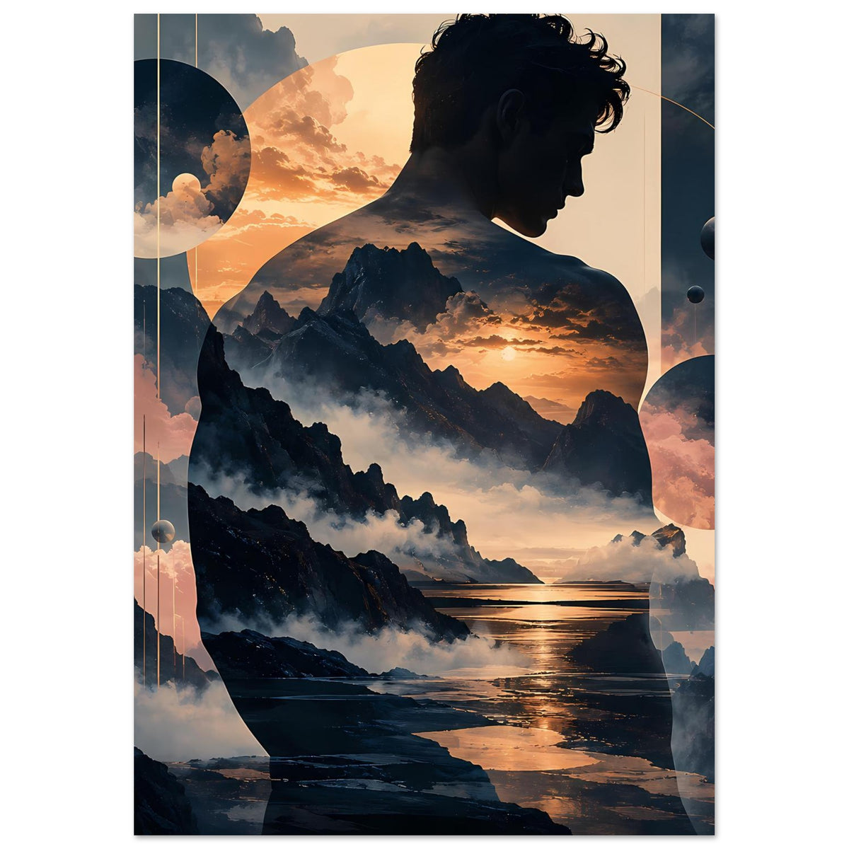 Surreales Poster mit Bergmassiv, Meerblick bei Sonnenuntergang und Profil-Silhouette