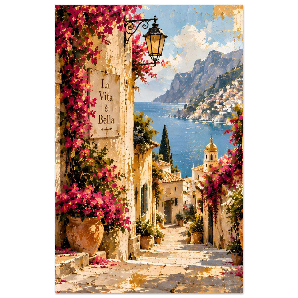 Vertikales Poster mit italienischer Gasse, Blumen und Meeresblick