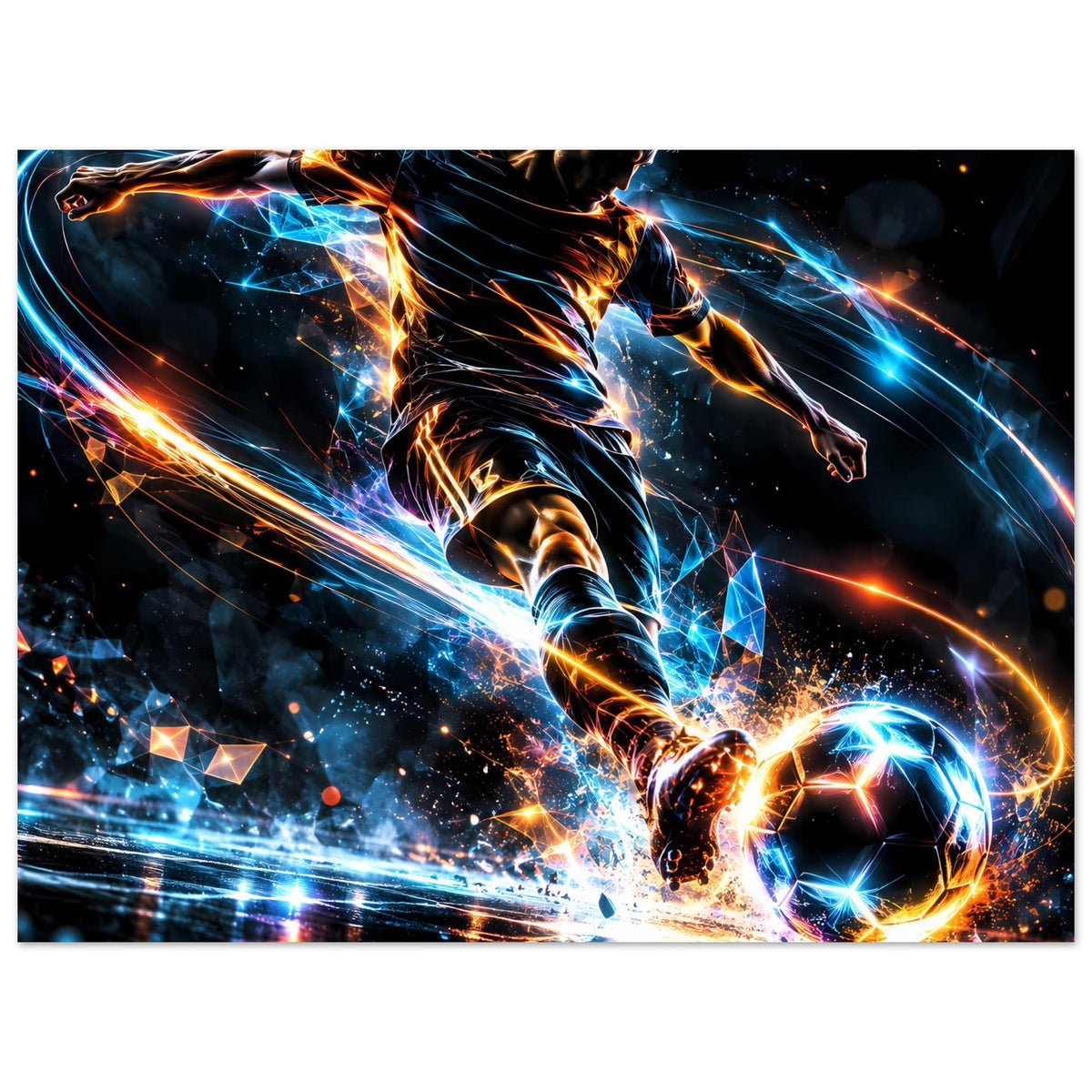 Neon-Fußballposter, Stürmer und Ball mit blauen und orangefarbenen Lichtspuren