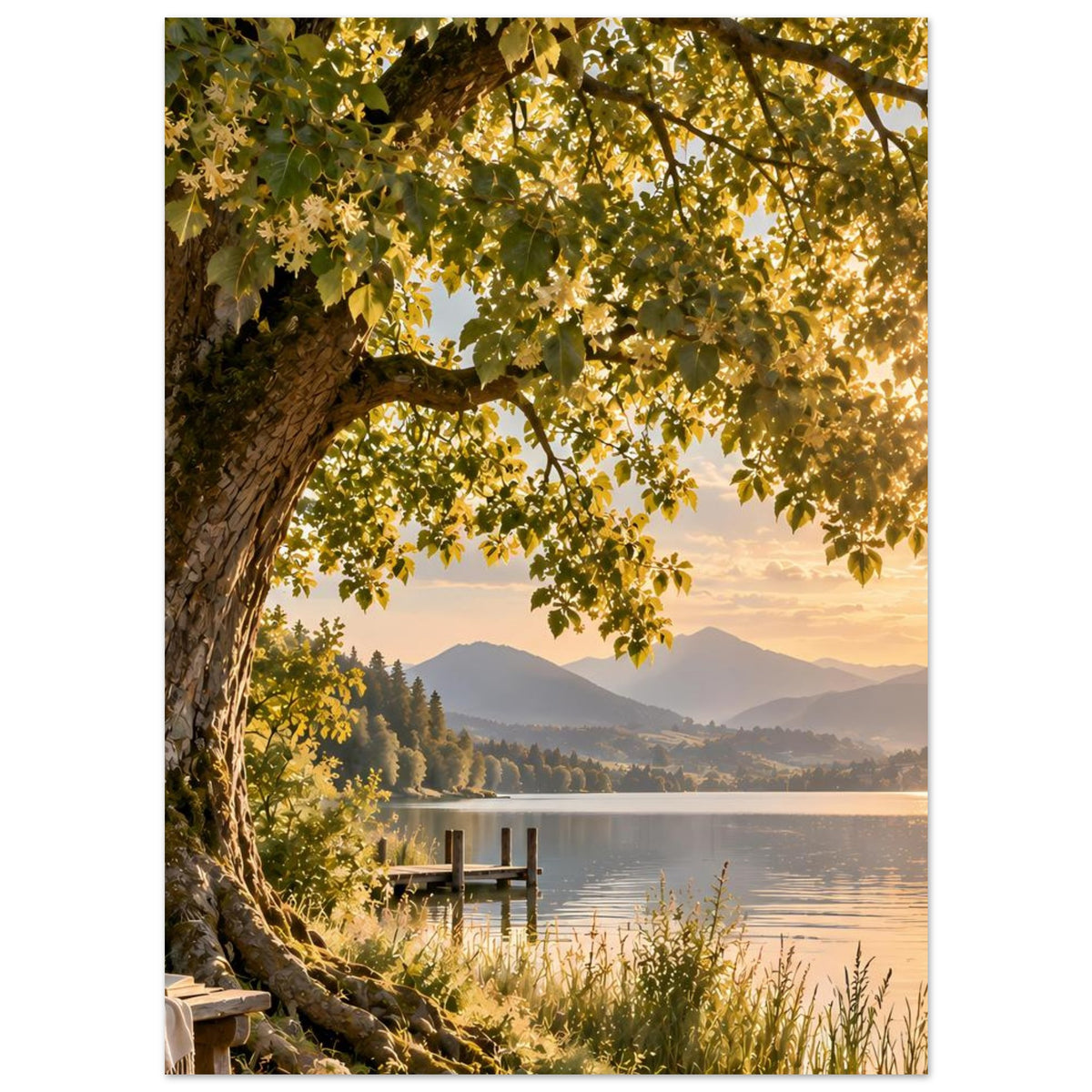 Naturposter mit Baum am Wasser, gold schimmernden Blättern, Steg und Ferndunst