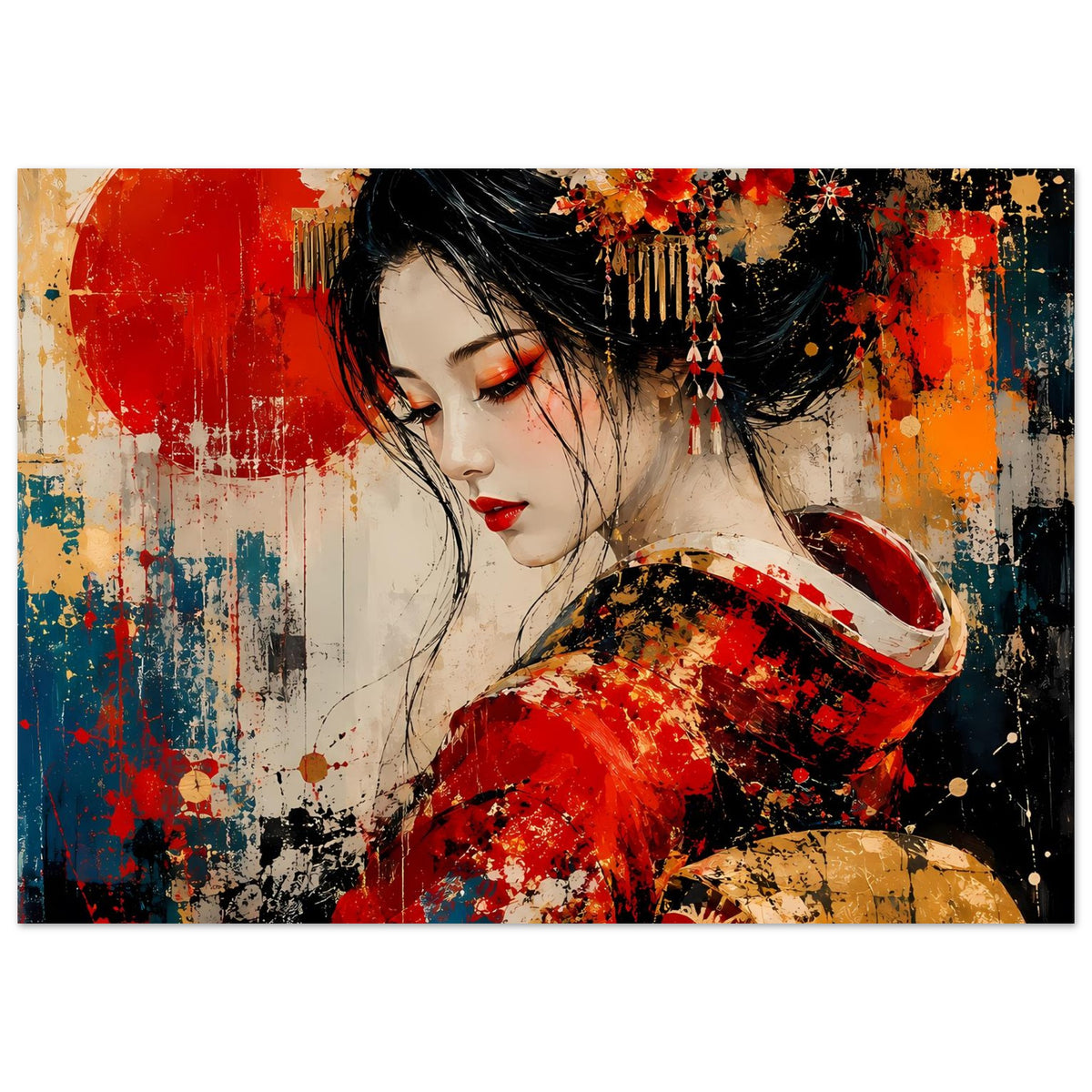 Japanisches Geisha-Poster: rote Gewandung, Blumen im Haar und dekorativer Fächer