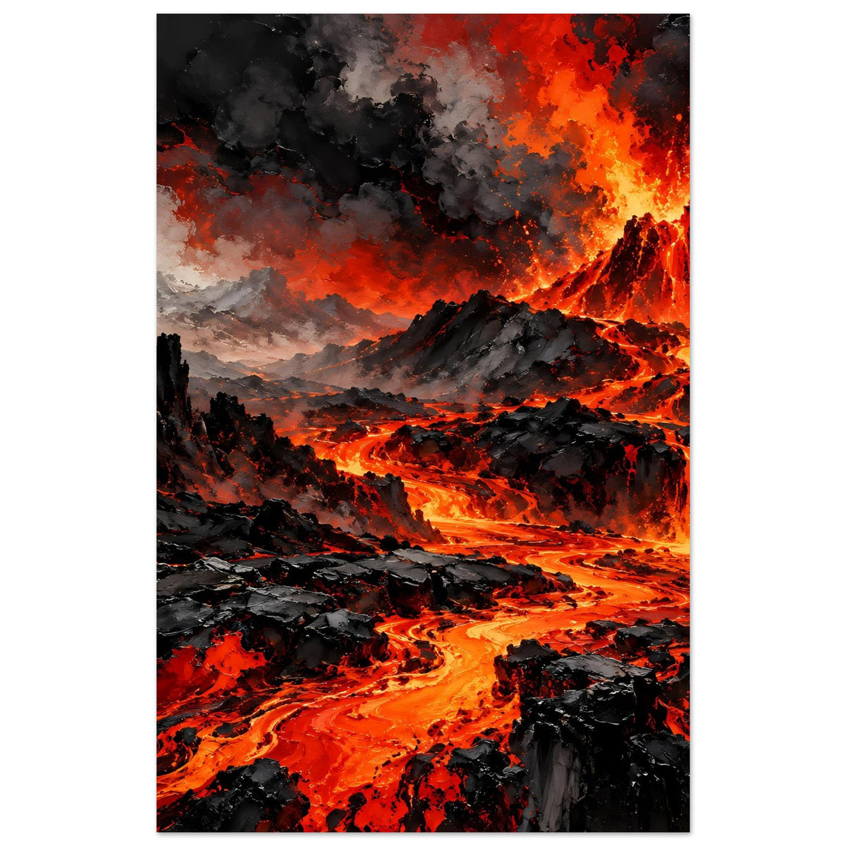 Hochformat-Poster: Lava über zerklüftetem Gelände, Feuerexplosion und Rauch
