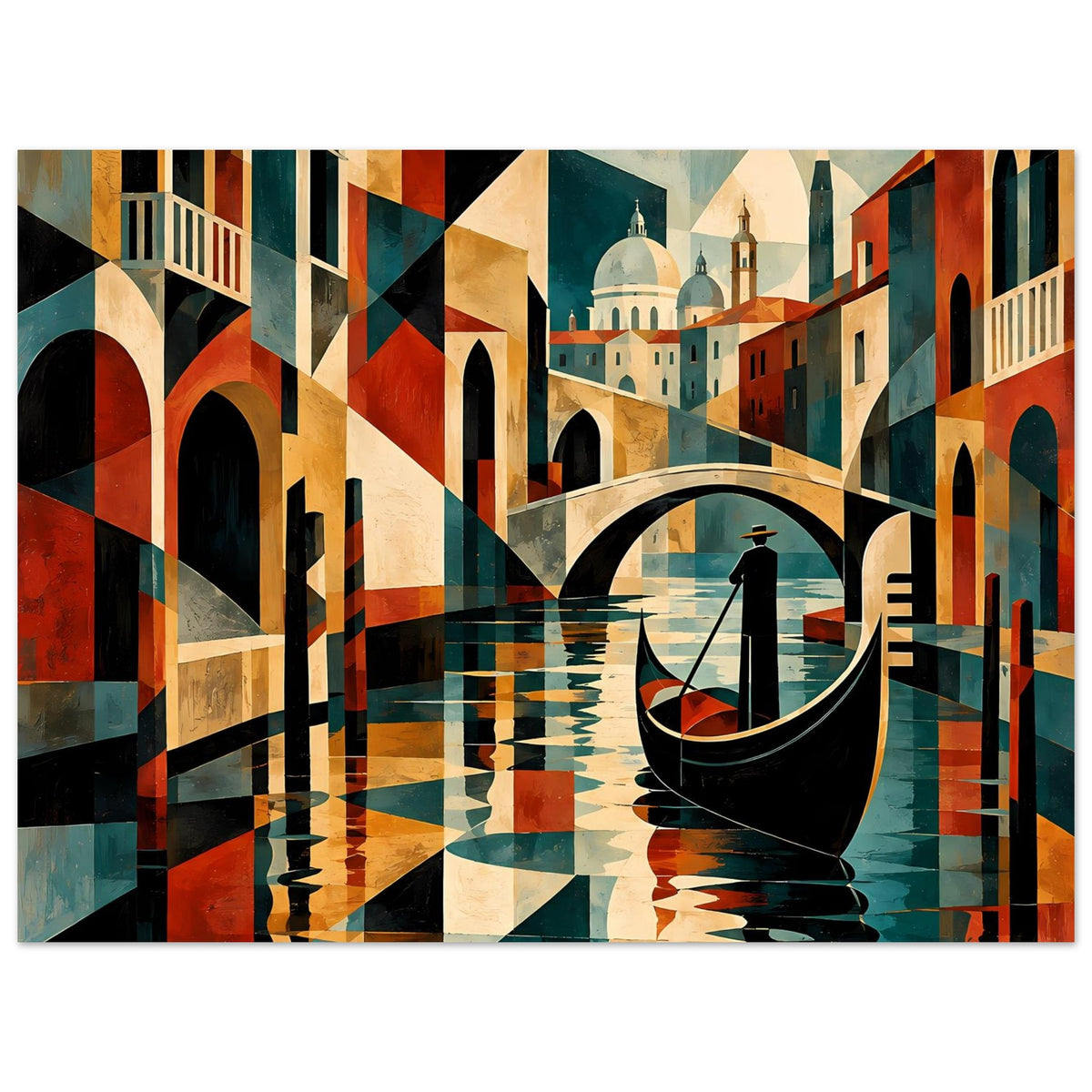 Wandposter mit venezianischem Kanal, weiße Kuppeln und Gondel vor geometrischem Hintergrund