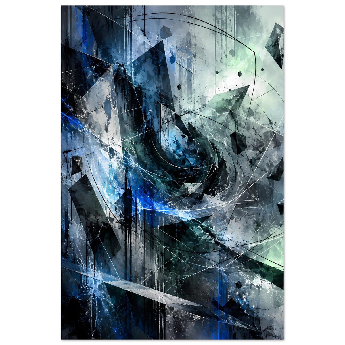 Abstraktes Kunstposter im Hochformat mit blauen und grünen Strukturen, Kreislinien und Spritzpunkten