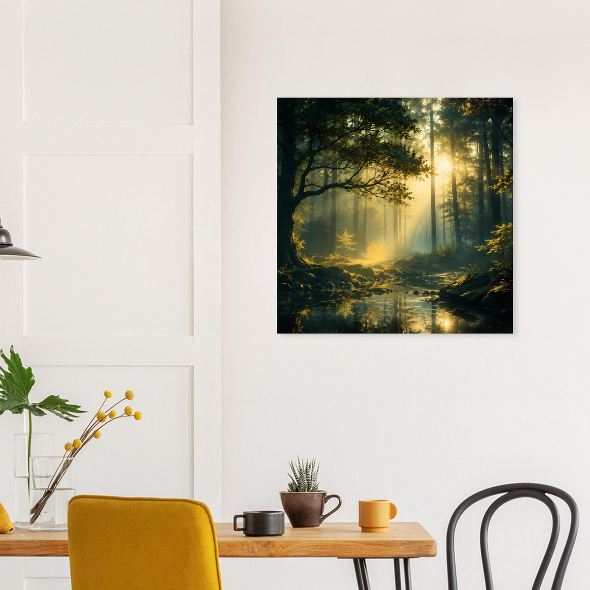 Poster mit mystischem Waldmotiv: Sonnenstrahlen durch Bäume, Nebel über dem Bach und Lichtspiegel.