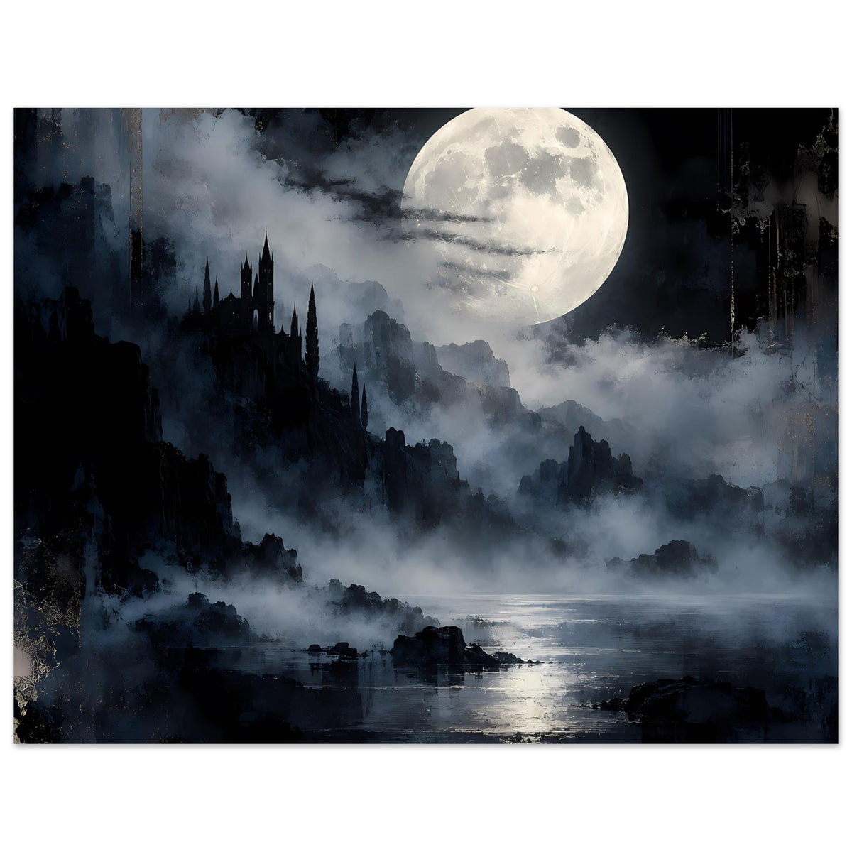 Querformat-Fantasy-Landschaftsposter: großer Vollmond über Nebel mit Schloss-Silhouette