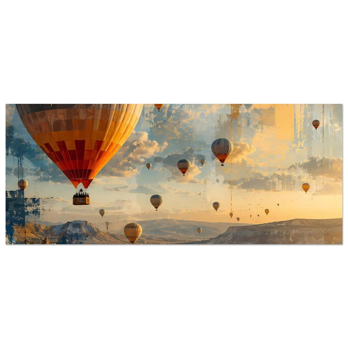 Landschaftsposter mit Heißluftballons: großer Ballon links, mehrere Ballons am Himmel