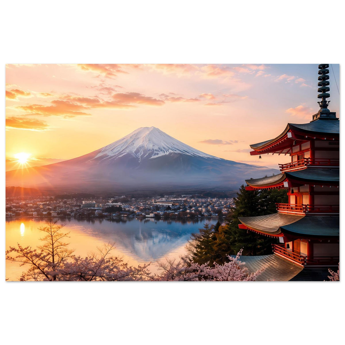 Japanisches Landschaftsposter mit Fuji, Kirschblüten, rotem Tempel und Sonnenaufgang über Wasser