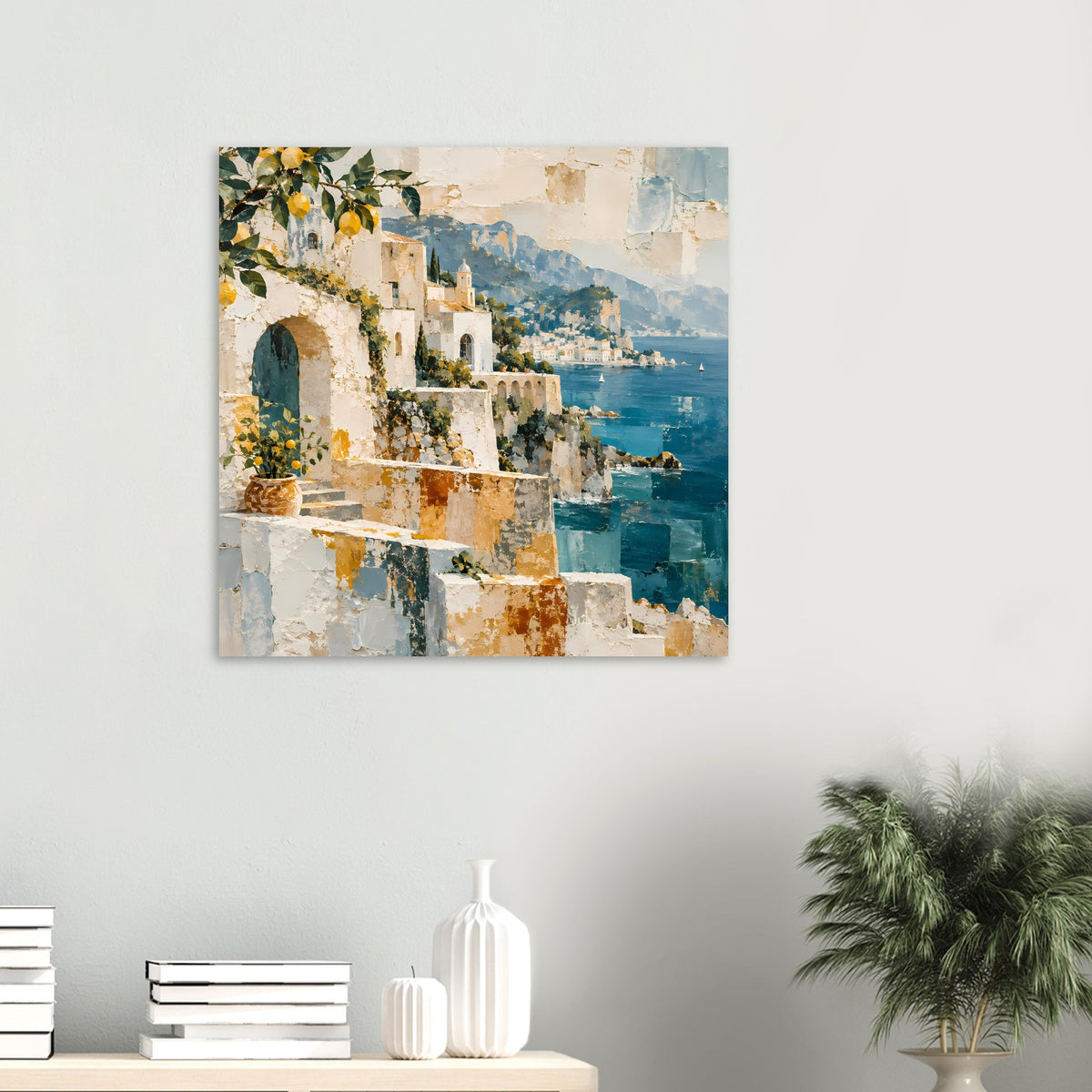 Kleines Kunstposter mit mediterranen Mauern, Zitronenblättern und türkisblauem Meer