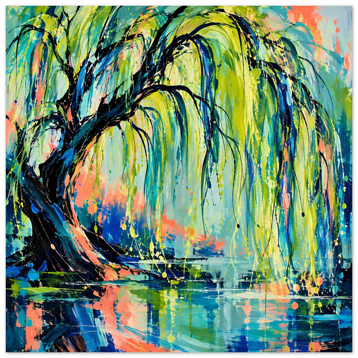 Poster mit farbenfroher Trauerweide in expressiver Malerei, blau-grüner Wasserspiegel