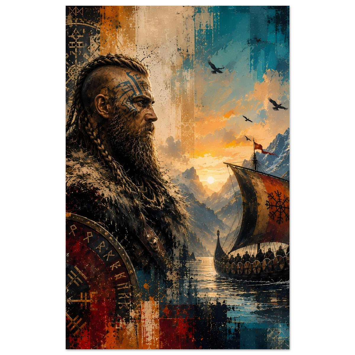 Nordisches Poster: Wikingerkrieger im Profil, Runen auf Schild/Umhang, Langschiff auf See