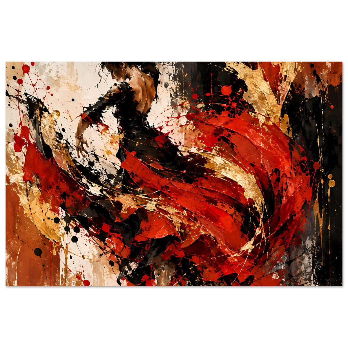 Flamenco-Feuer Poster, Querformat: Tänzerin vor abstrakten Farbstrichen und Spritzern.