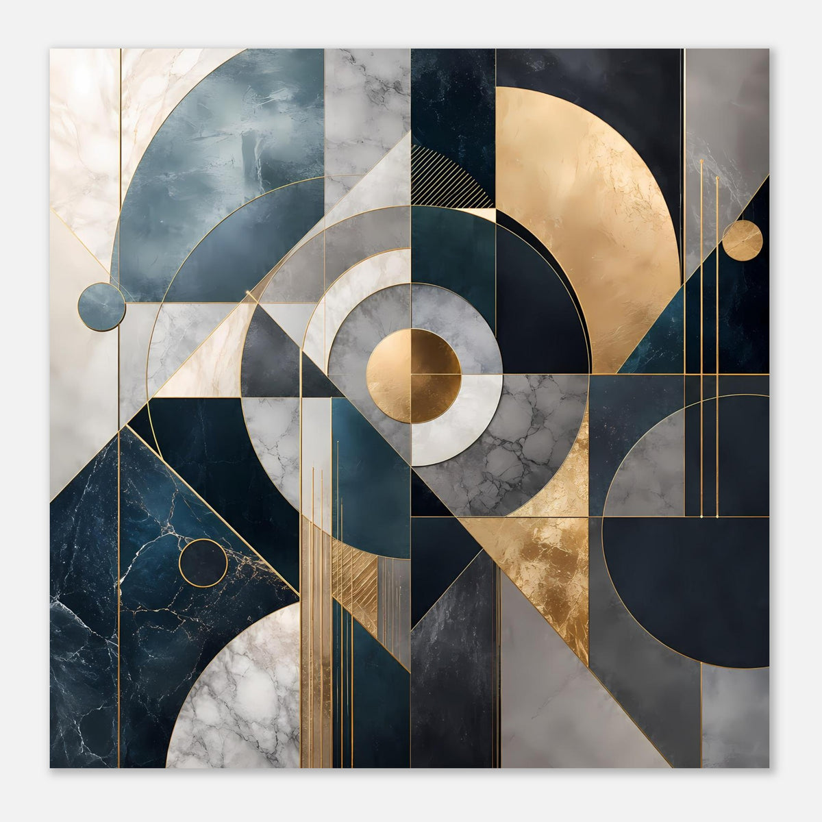 Abstraktes Kunstposter im Querformat mit konzentrischen Kreisen und goldenen Streifen