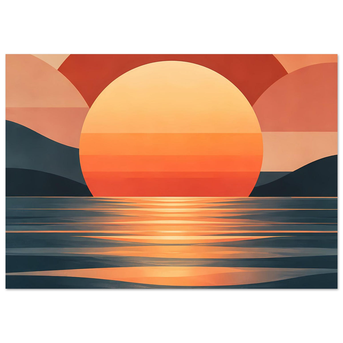 Kunstposter mit großer Sonne, flächigen Bögen und horizontalen Linien am Meer