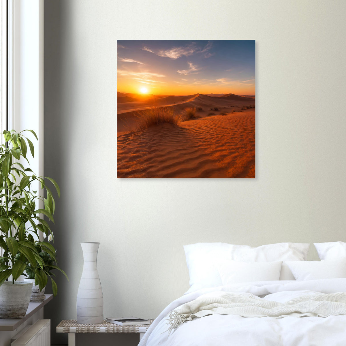 Quadratisches Wüstenlandschaft-Poster: goldene Sonne, Dünen im warmen Abendlicht