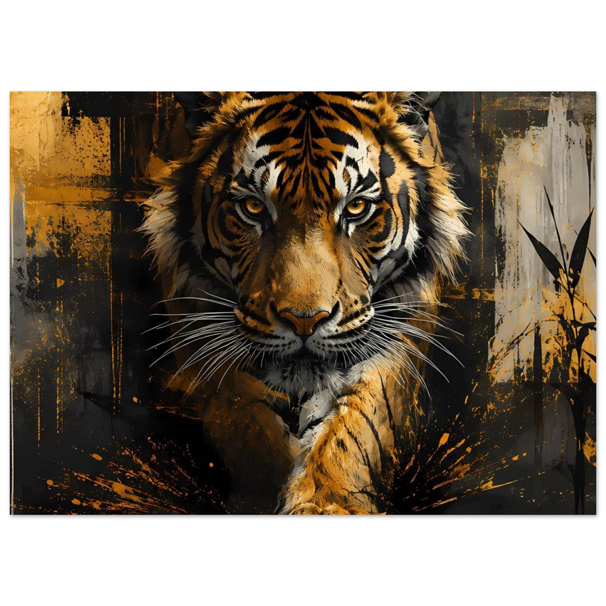 Tiger-Poster im Querformat, naher Kopf und Tatze, goldbraune Akzente, düsterer Stil