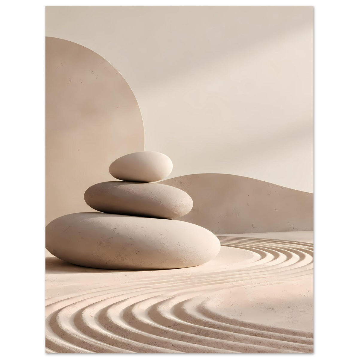 Zen-Balance-Poster: Nahansicht eines Stapels glatter Steine auf beigem Sand mit Wellenlinien.