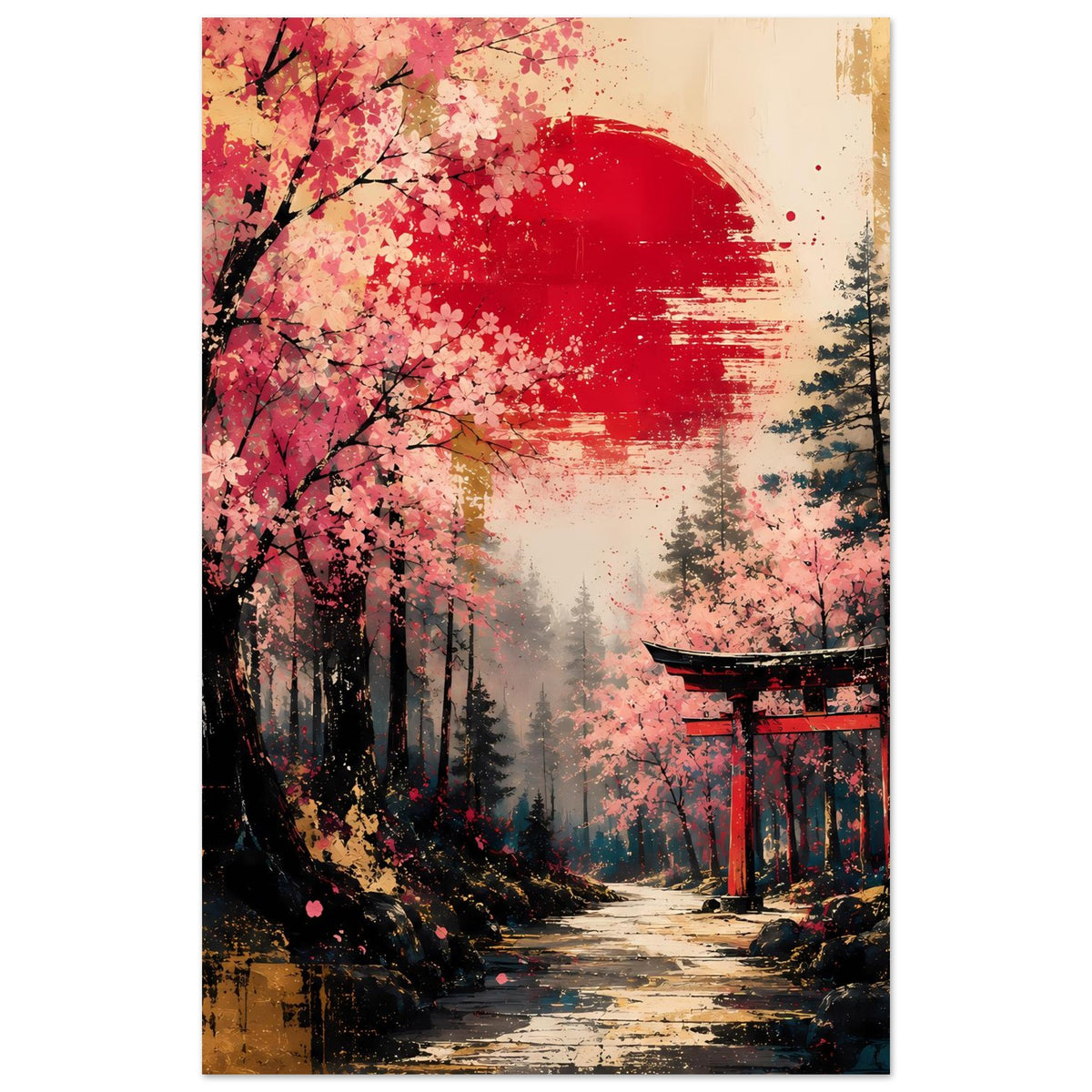 Poster im Hochformat mit Kirschblütenbaum, rotem Halbmond und Torii im Waldweg