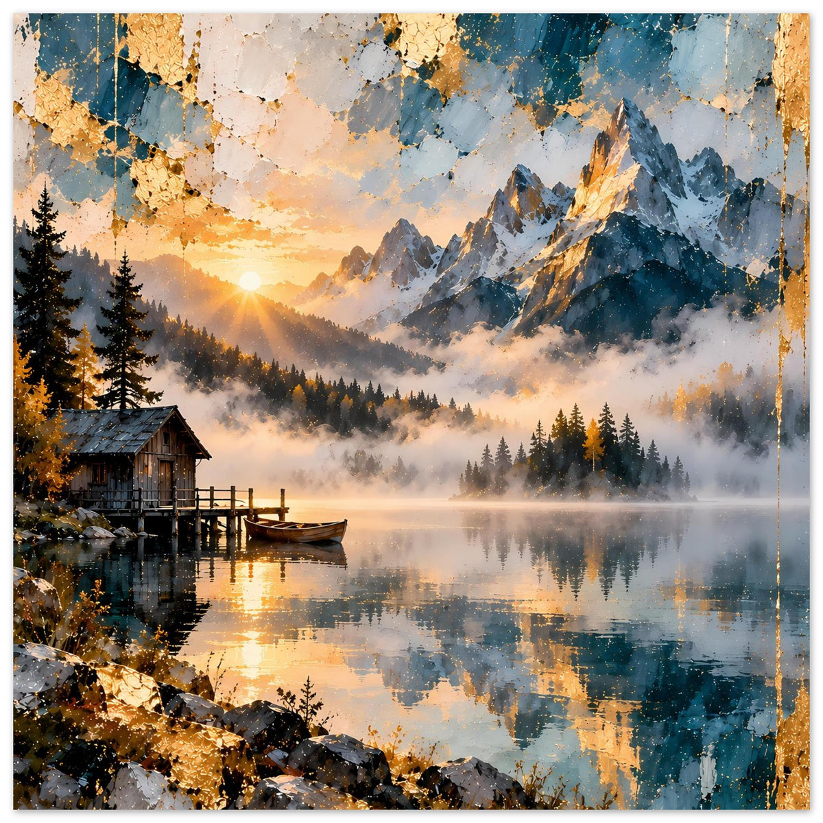 Horizontales Poster mit Bergsee-Panorama, Berge, Nebel und Sonnenstrahlen