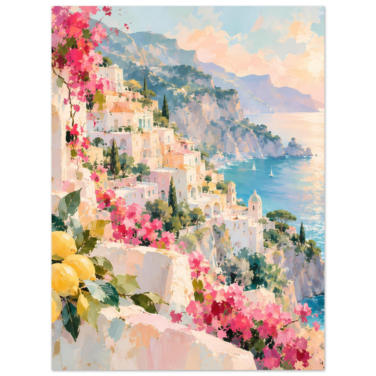 Poster mit mediterraner Küstenlandschaft: weiße Häuser, pinke Blüten und Meerblick