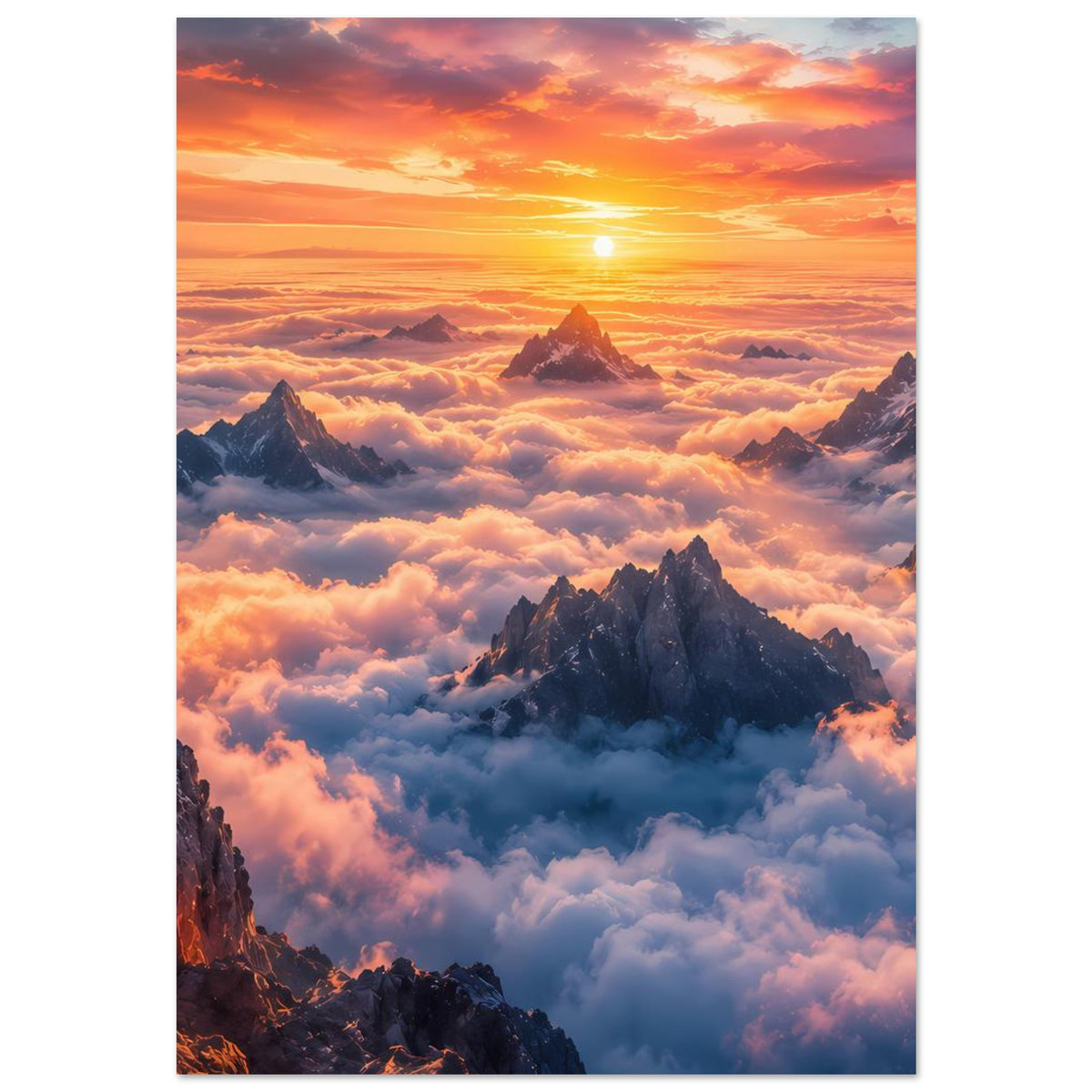 Wandposter mit Sonnenaufgang über verschneiten Bergspitzen und Wolken, vertikal
