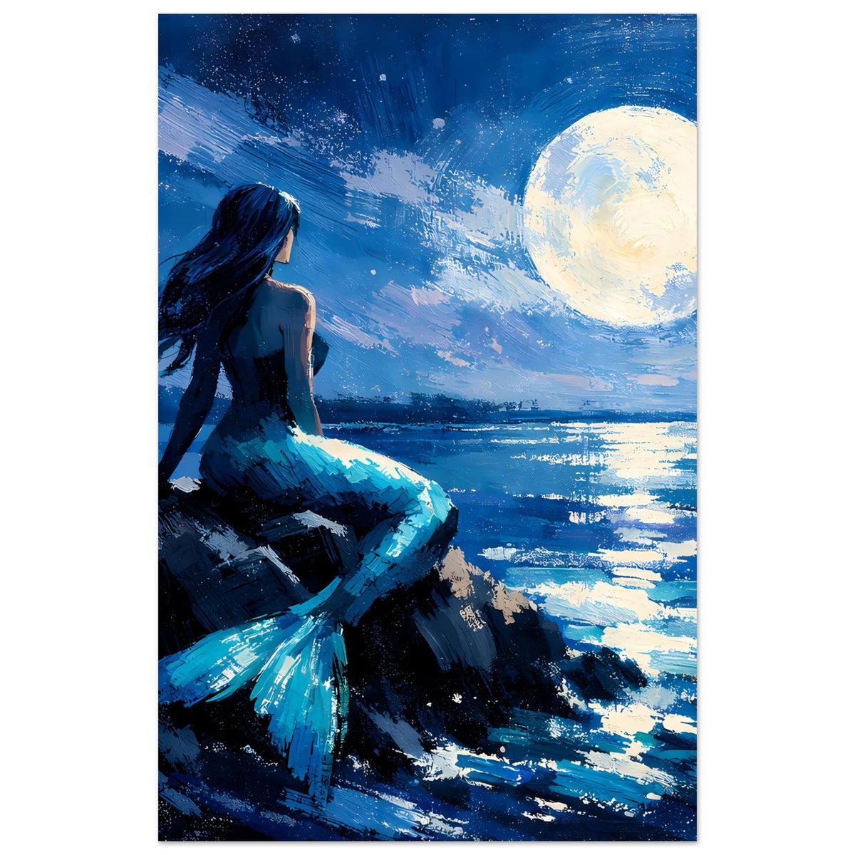 Premium-Matte Poster im Hochformat: Meerjungfrau links, Mond über blauem Horizont