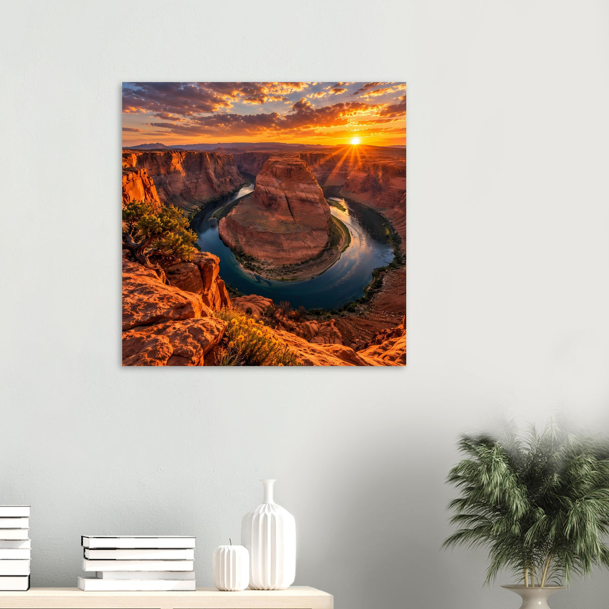 Kleines Wandposter mit Canyon, Fluss und Sonnenstrahlen beim Sonnenuntergang