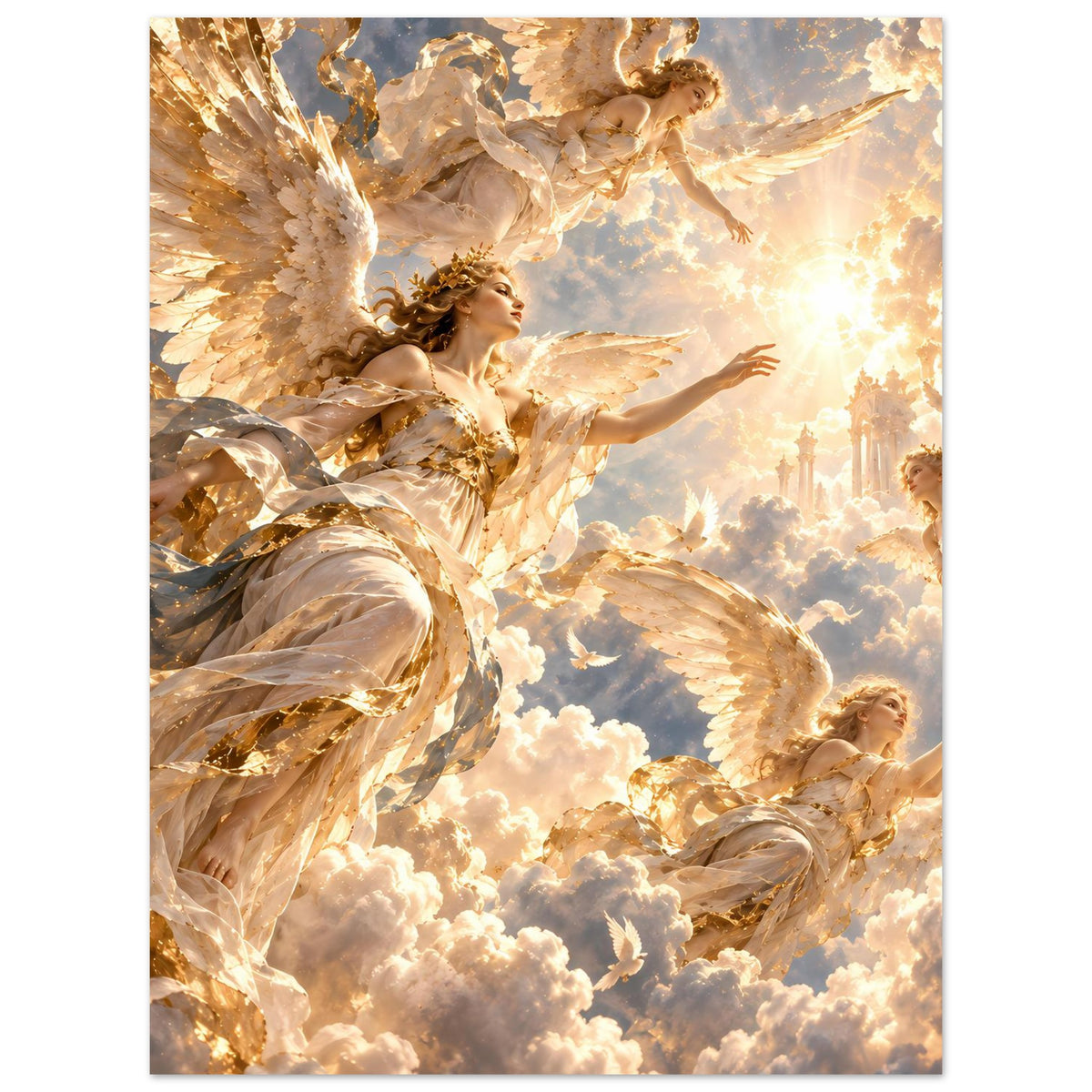 Vertikales Poster: goldener Engel mit erhobenen Armen über einer Wolkenlandschaft