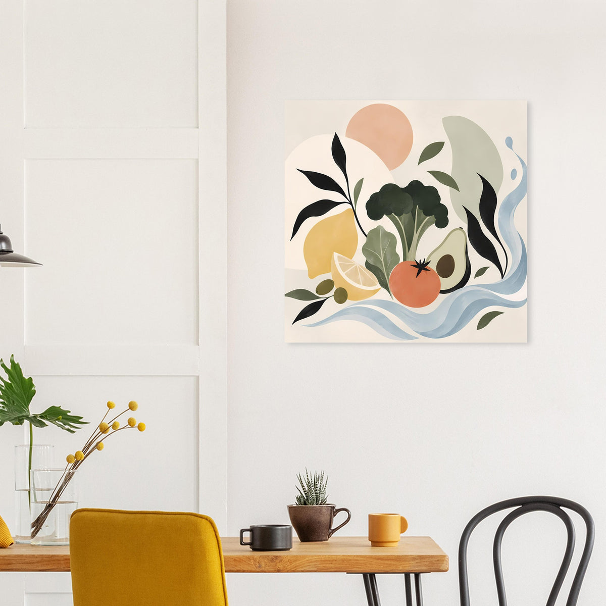 Wandposter mit abstraktem Pflanzenmotiv in warmen Farben, Blätter, Beere und Wellenlinien