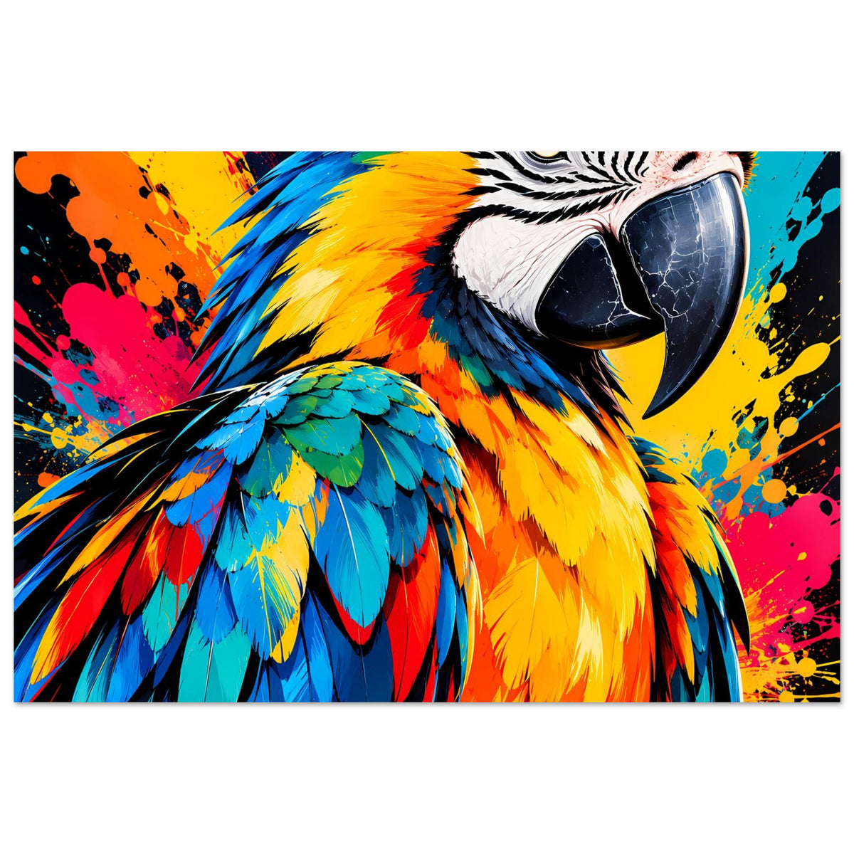 Buntes Papageien-Splash-Art Poster im Querformat, kräftige Farben an Schnabel und Flügeln