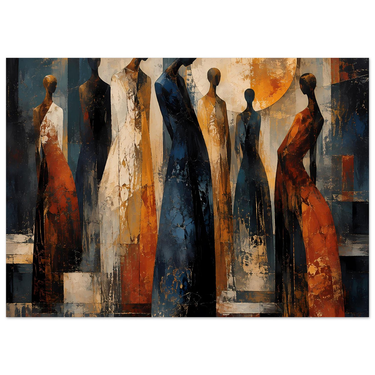 Wandposter mit abstrakten Personen-Figuren, warmes Orange und kühles Blau im Motiv