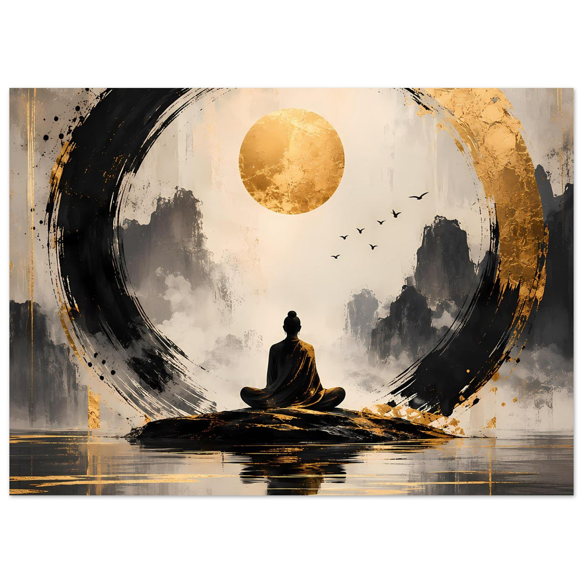 Meditationsposter in Gold und Schwarz mit großem Kreis, sitzender Figur, Spiegelung und Schriftzug-freier Fläche