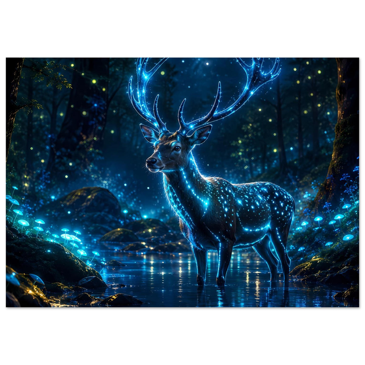 Poster im Querformat: leuchtender Hirsch im Wald, blaues Geweih, Wasserreflexe