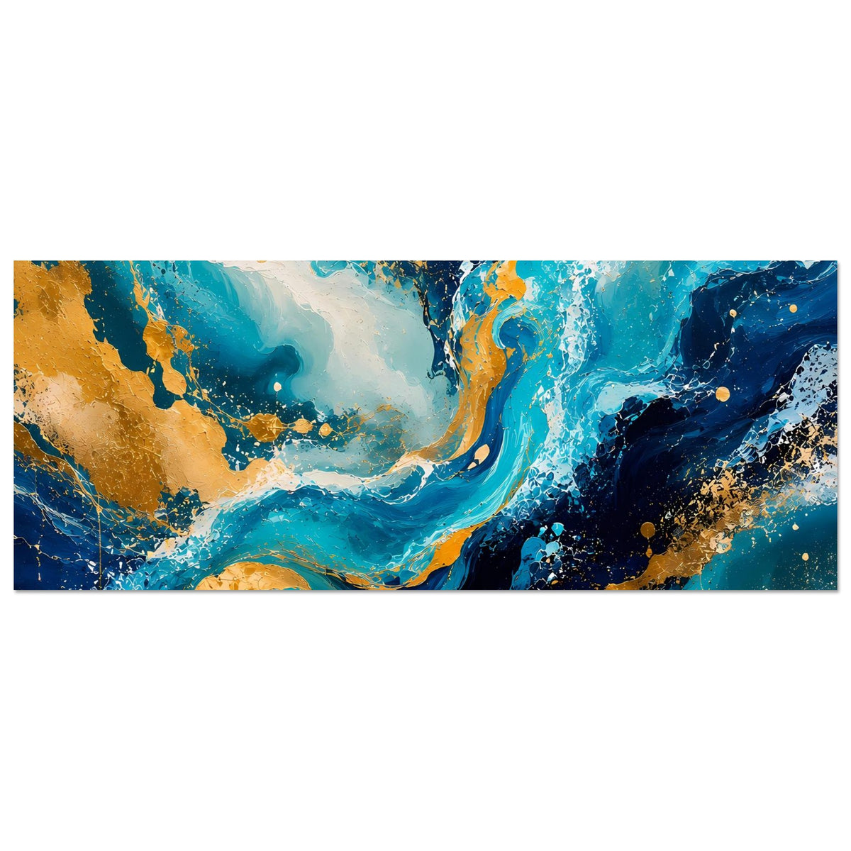Abstraktes Kunstposter horizontal: Blau, Gold und helle Wellen mit Spritzern und Punkten