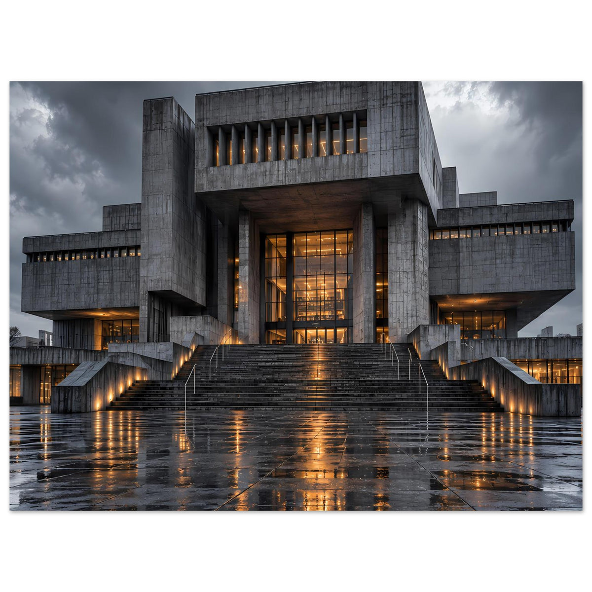 Architekturposter mit Frontansicht: Treppe zum Eingang und warm beleuchtete Fenster