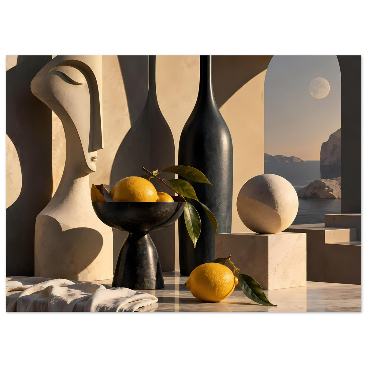 Wandposter mit Stillleben: schwarze Vase, Schale mit Zitronen, abstrakte Büste und Mondbild