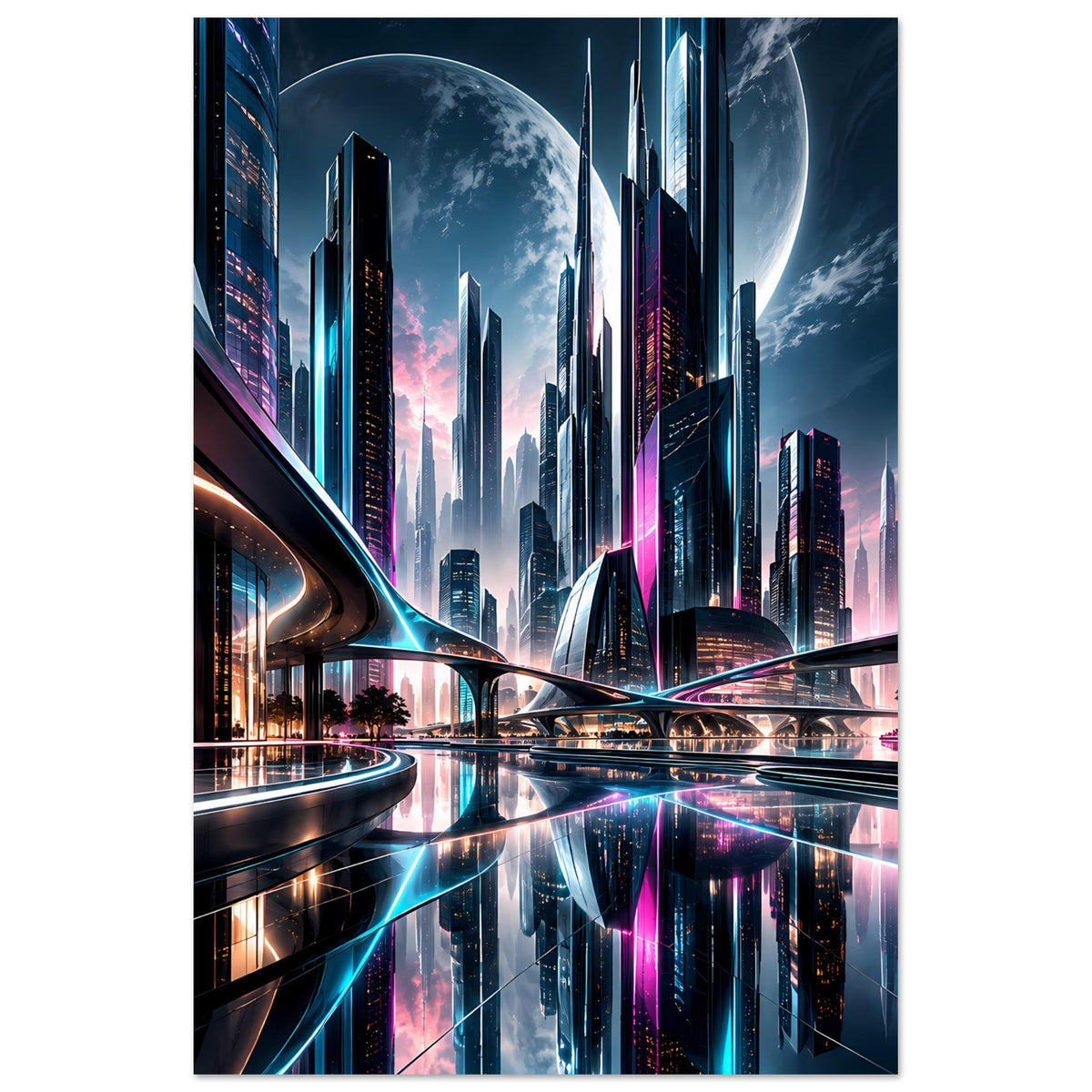 Neon-Stadtposter, Skyline mit Mondsichel, violett-türkisen Lichtadern und Brücken