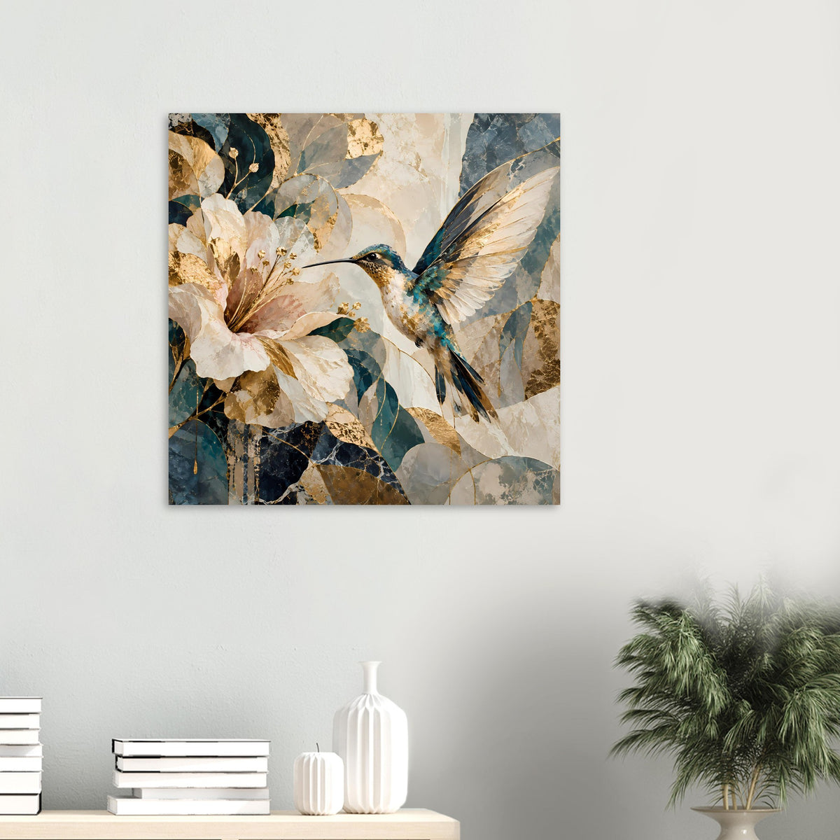 Wandposter-Detail: Kolibri über weißen Blüten, Blau-Beige-Gold, quadratisch