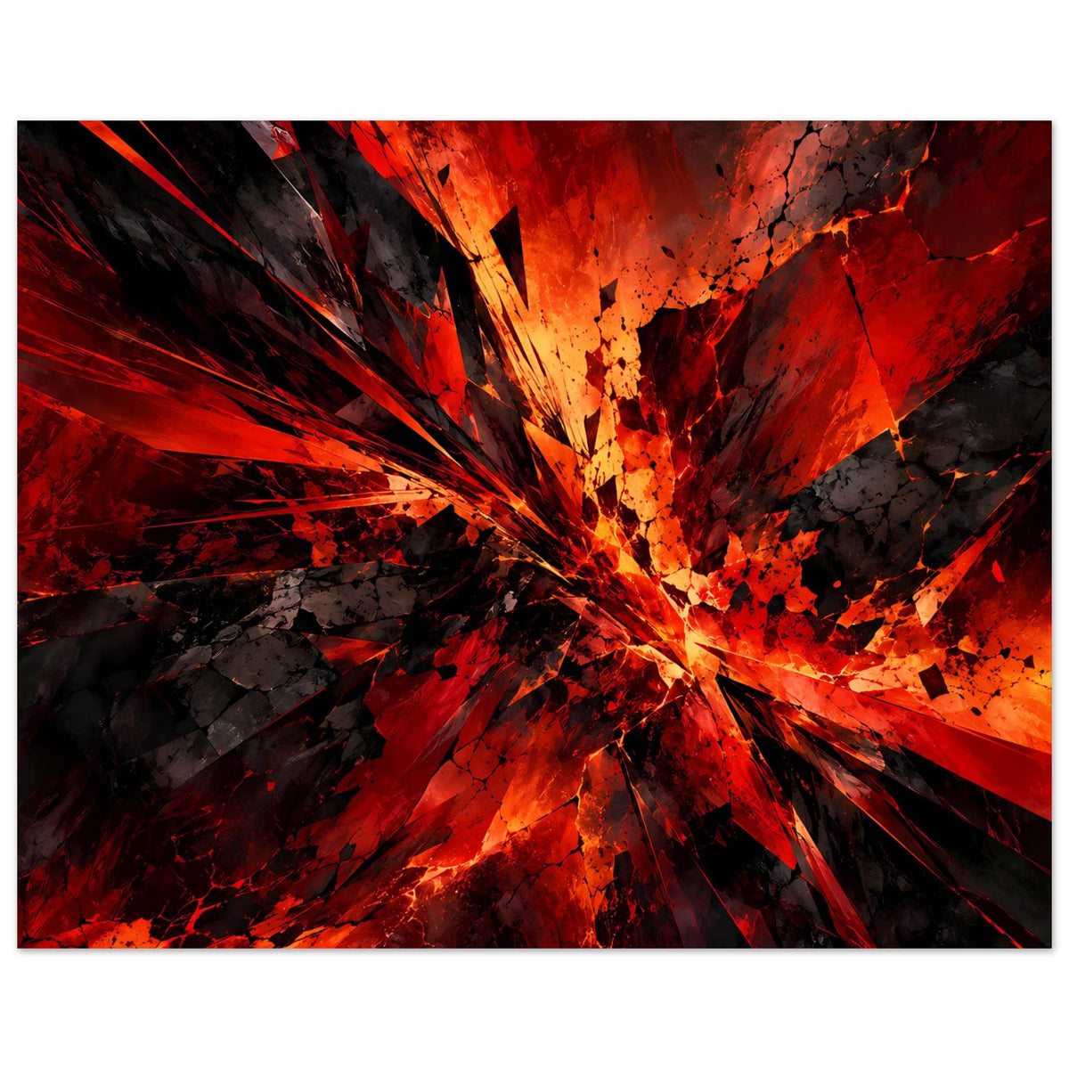 Abstraktes Poster: roter Flare trifft auf schwarze Partien, spektrale Strahlen und Spritzer